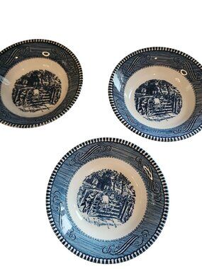 Royal China Currier & Ives Blue "Old Farm Gate" 5.5-inch dessert bowls